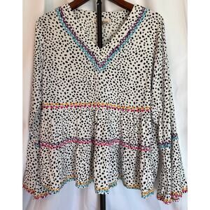 Savanna Jane Boho Polka Dot Blouse Dramatic Bell Sleeve Babydoll Peasant Top L